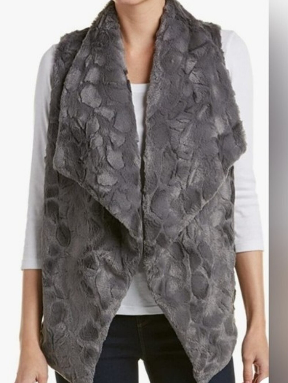 Jack by BB Dakota Gray Faux Fur Open Front Draped Vest - Gray Size Medium